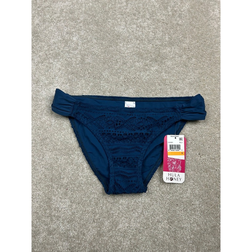 HULA HONEY Women's Swimwear Bottom Teal Blue S Crochet Lace Ruched Nylon Spandex